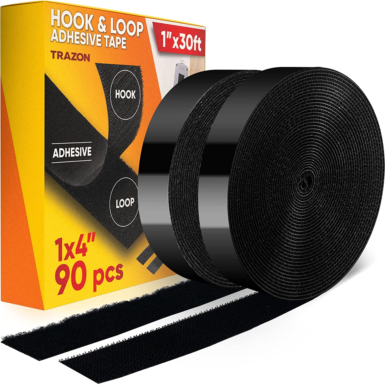 Hook and Loop Tape Roll with Heavy Duty Adhesive Industrial Strength Easy  to Cut, Strong Hook and Loop Strips with Sticky Back, Black, 1 Inch * 30